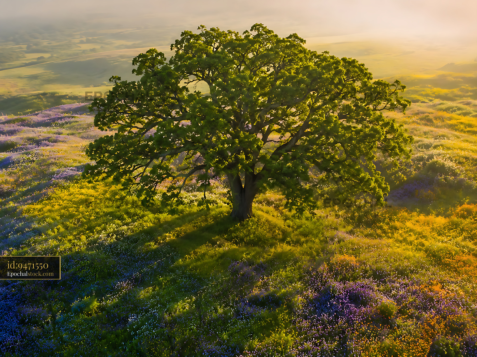 Watermarked full-resolution preview of Lone tree surrounded by vibrant wildflowers at sunrise