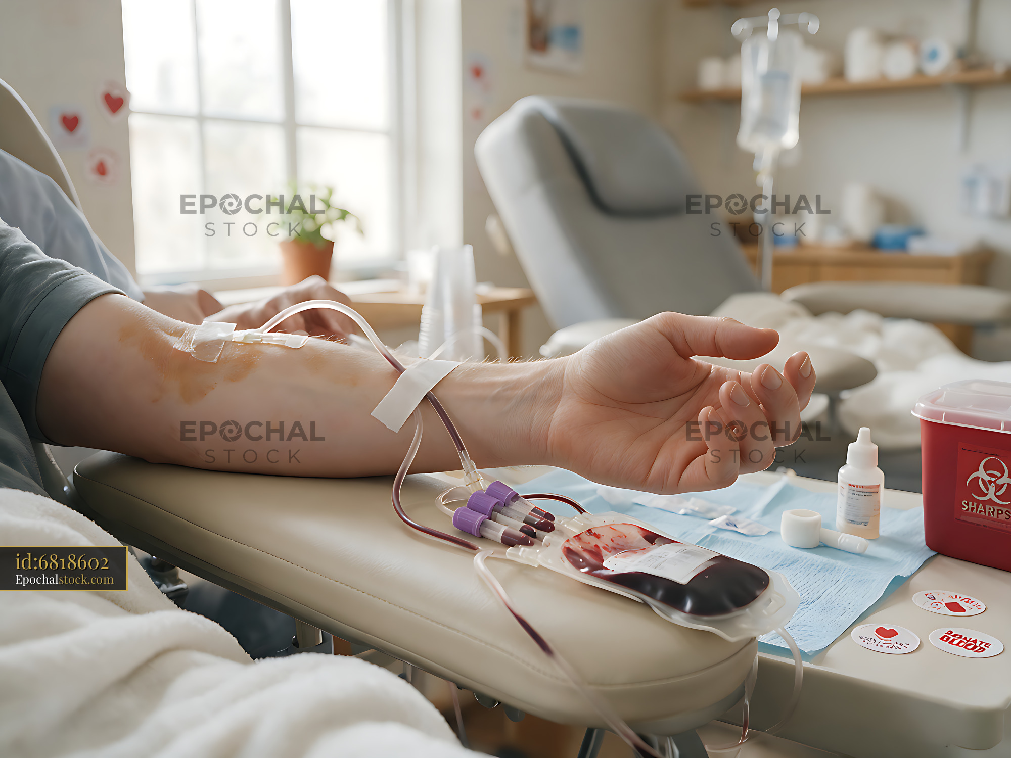 Watermarked full-resolution preview of Blood donor reclining in chair during blood collection