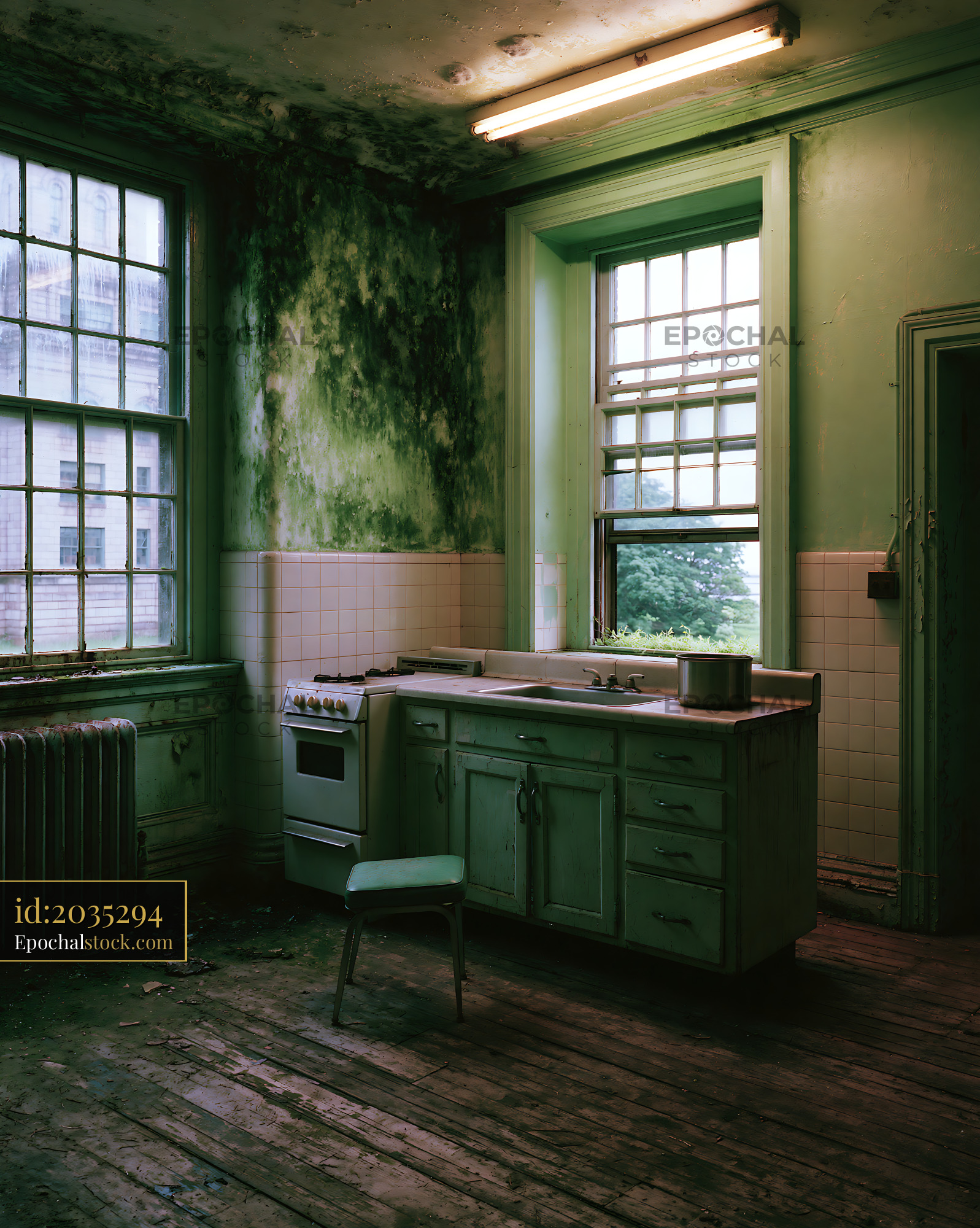 Watermarked full-resolution preview of Abandoned kitchen with peeling paint and natural light