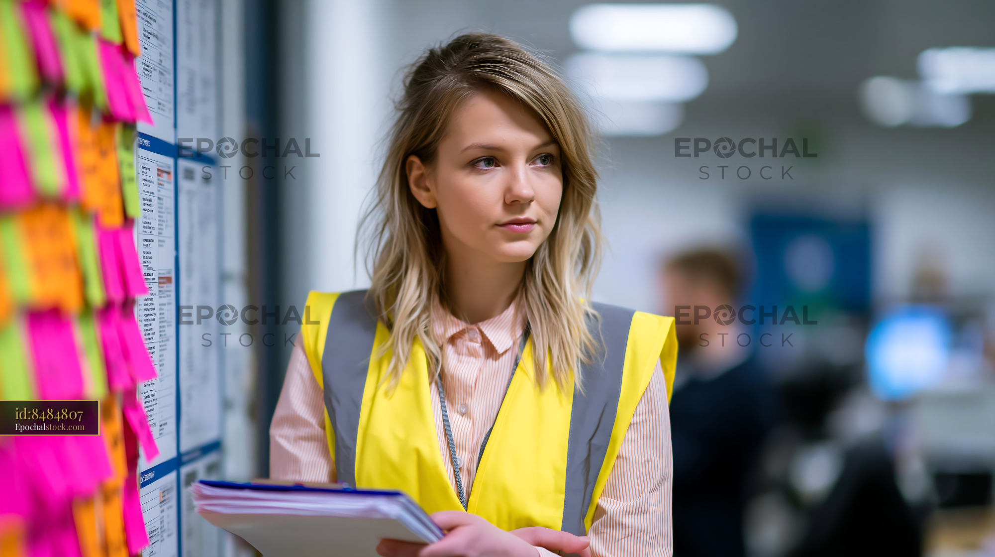 Watermarked full-resolution preview of Young woman in yellow vest observing bulletin board with notes