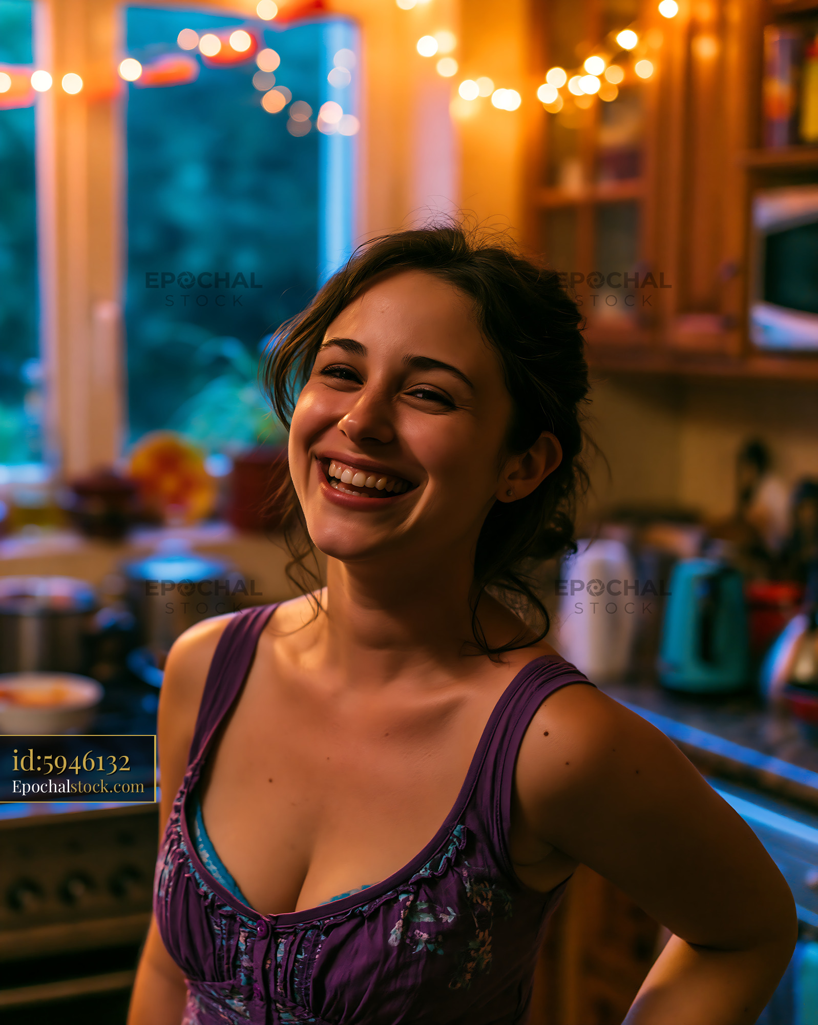Watermarked full-resolution preview of Woman smiling in a cozy kitchen with warm lighting