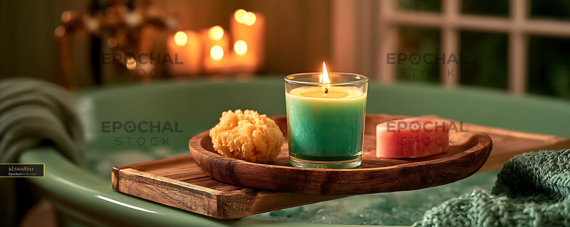 Watermarked full-resolution preview of Warm spa still life with candle, soap, and sponge