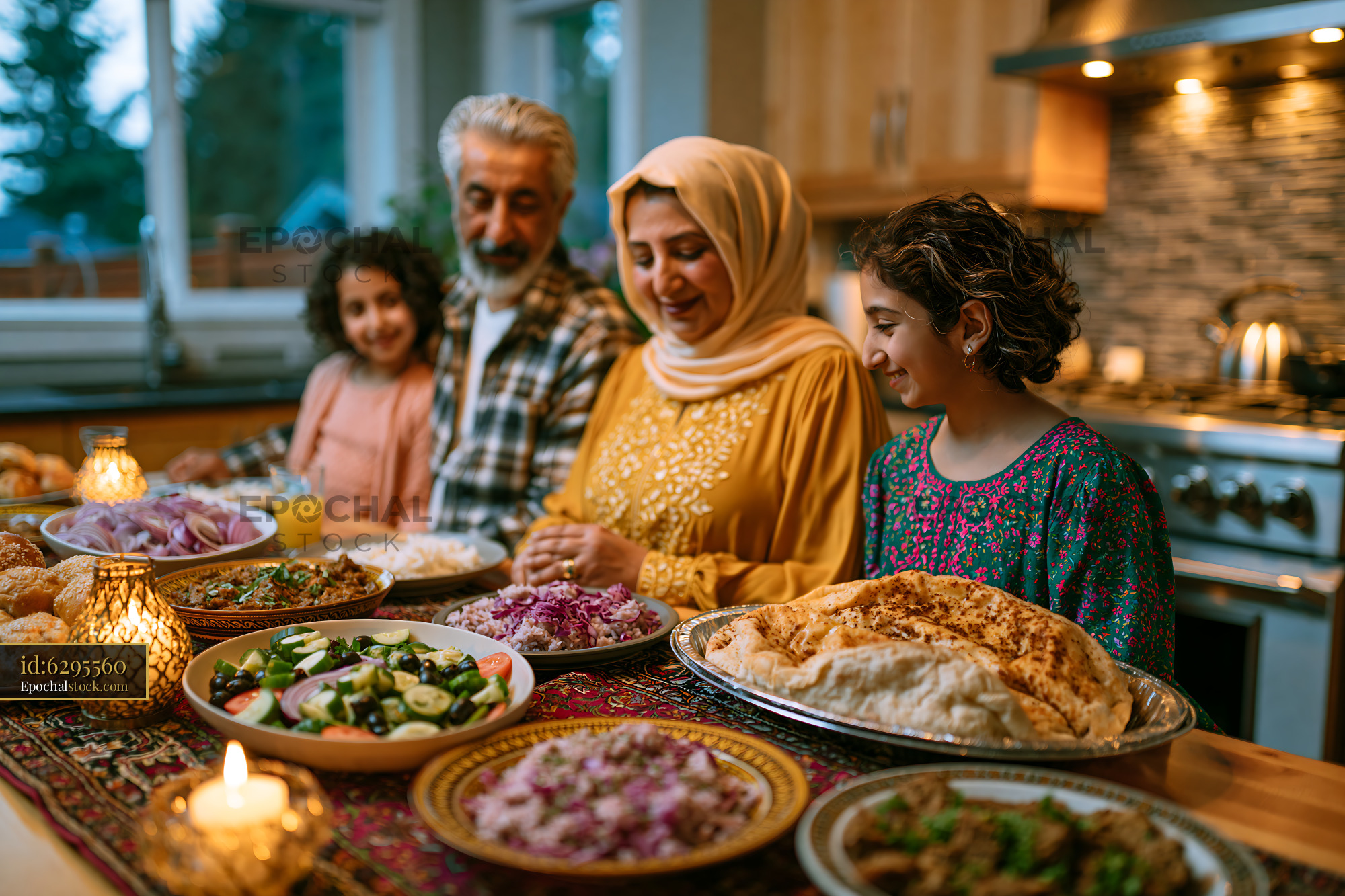 Watermarked full-resolution preview of Four family members enjoying a colorful home-cooked meal