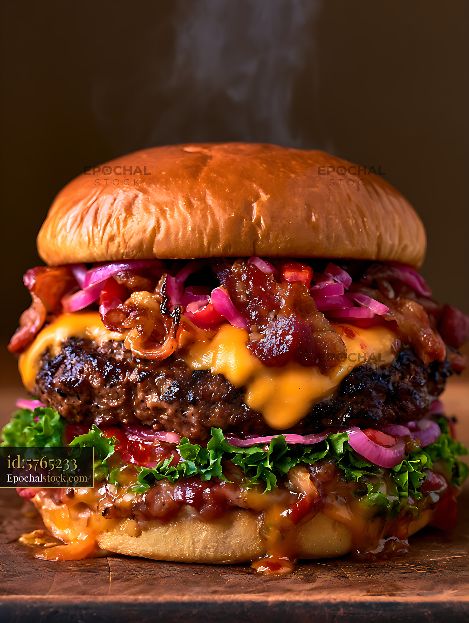 Watermarked full-resolution preview of Loaded cheeseburger with fresh toppings and melted cheese