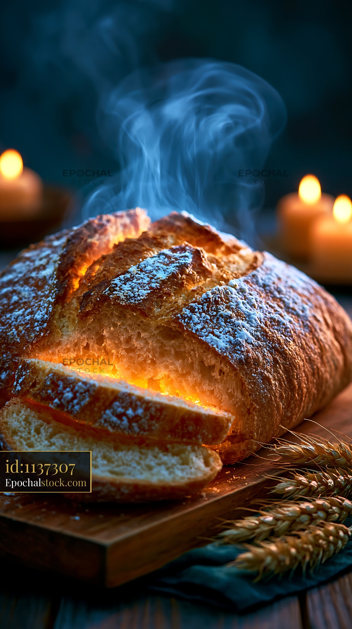 Watermarked full-resolution preview of Freshly baked bread with steam rising in a cozy setting