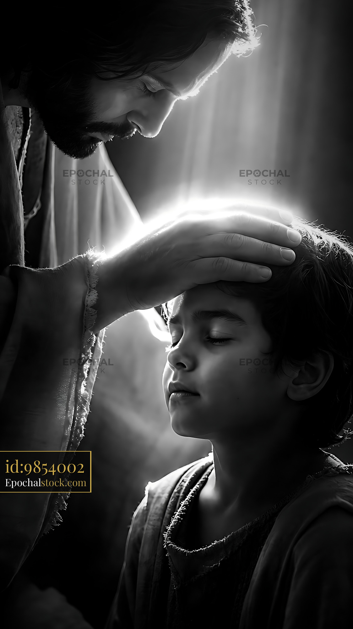 Watermarked full-resolution preview of A man blesses a child in a light-filled setting