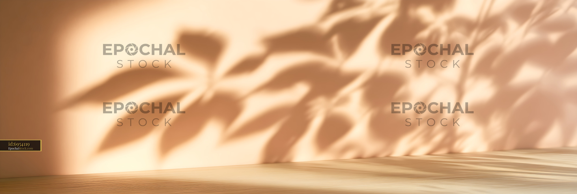 Watermarked full-resolution preview of Abstract Leaf Shadows on Warm Wall Above Wood