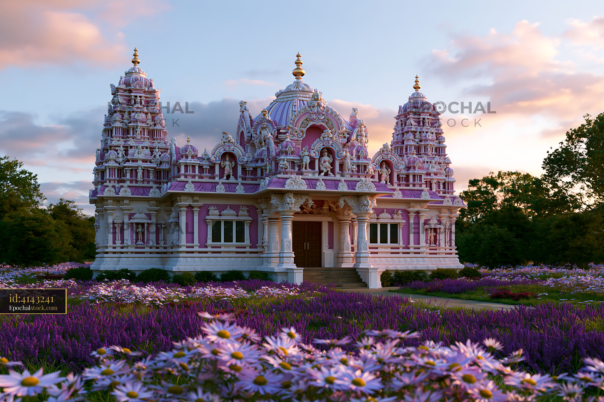 Watermarked full-resolution preview of Colorful temple surrounded by flowers at sunset