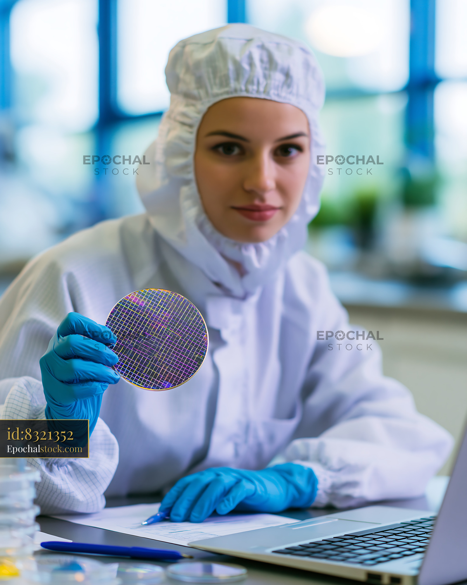 Watermarked full-resolution preview of Scientist holds a silicon wafer in a laboratory setting