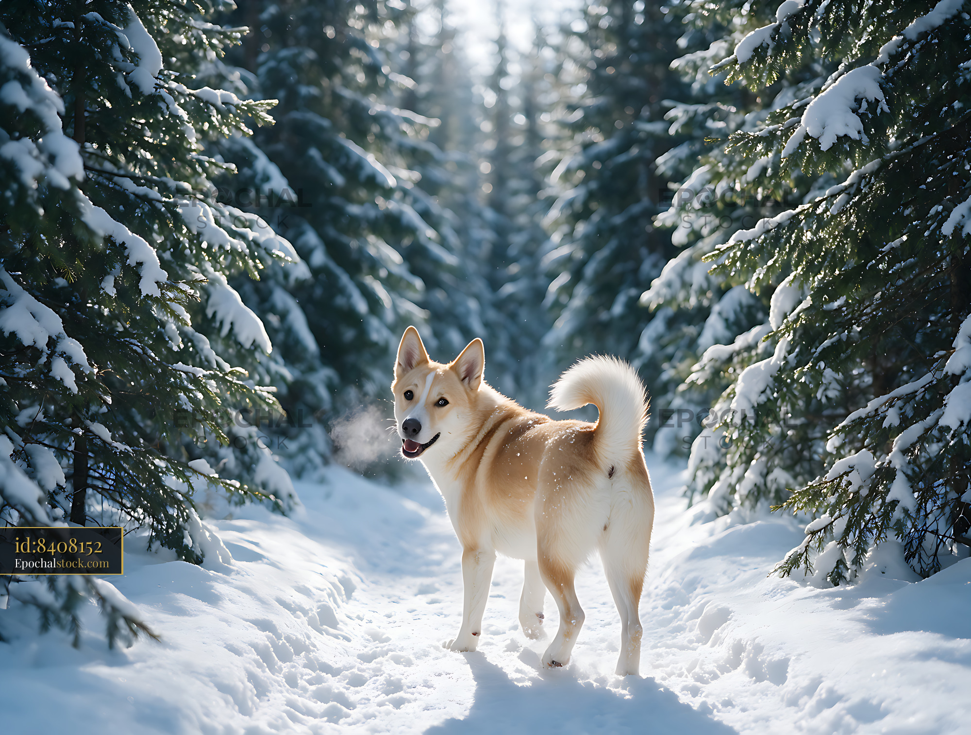 Watermarked full-resolution preview of Distinctive dog in a sunlit snowy woodland