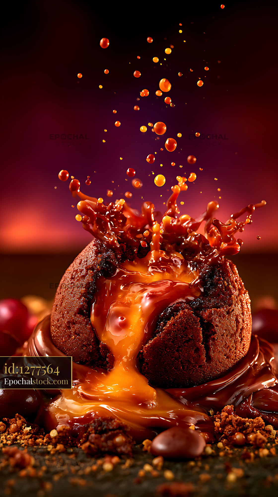Watermarked full-resolution preview of Molten caramel chocolate dessert with dramatic splash
