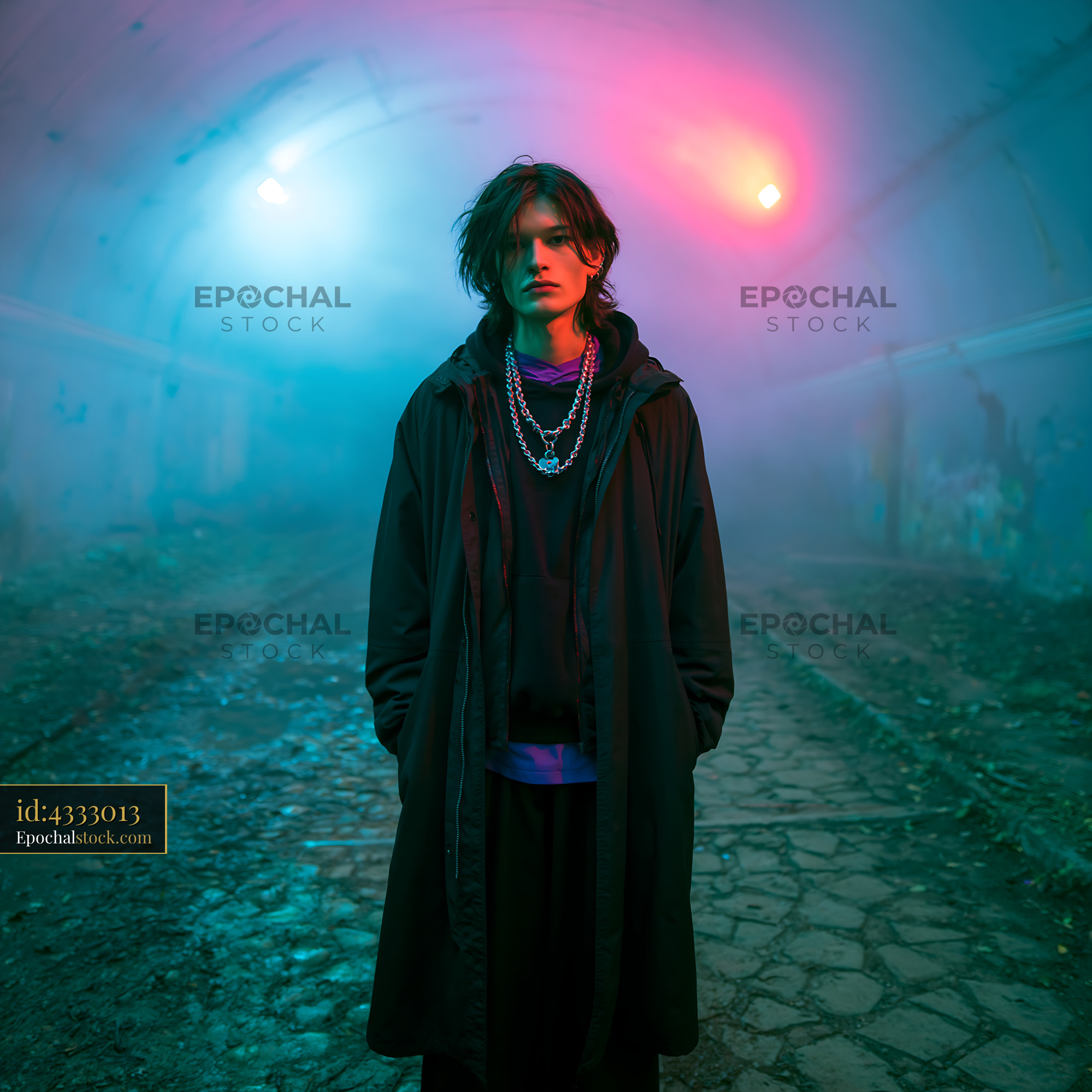 Watermarked full-resolution preview of A young person stands in a foggy tunnel