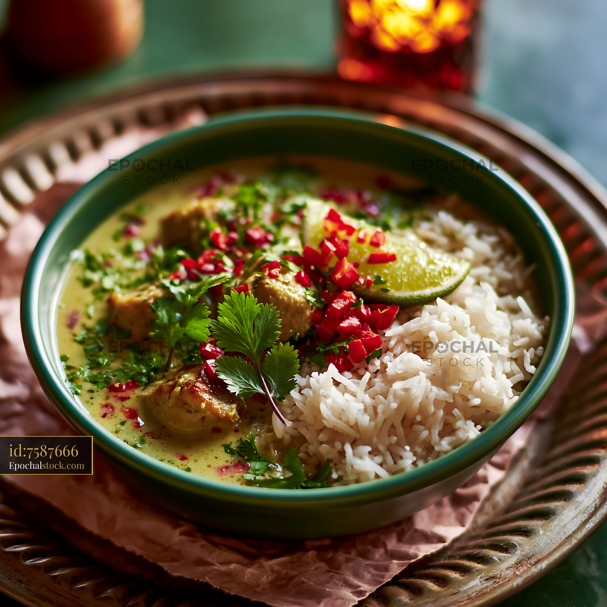 Watermarked full-resolution preview of Delicious bowl of curry with rice and fresh herbs on a plate