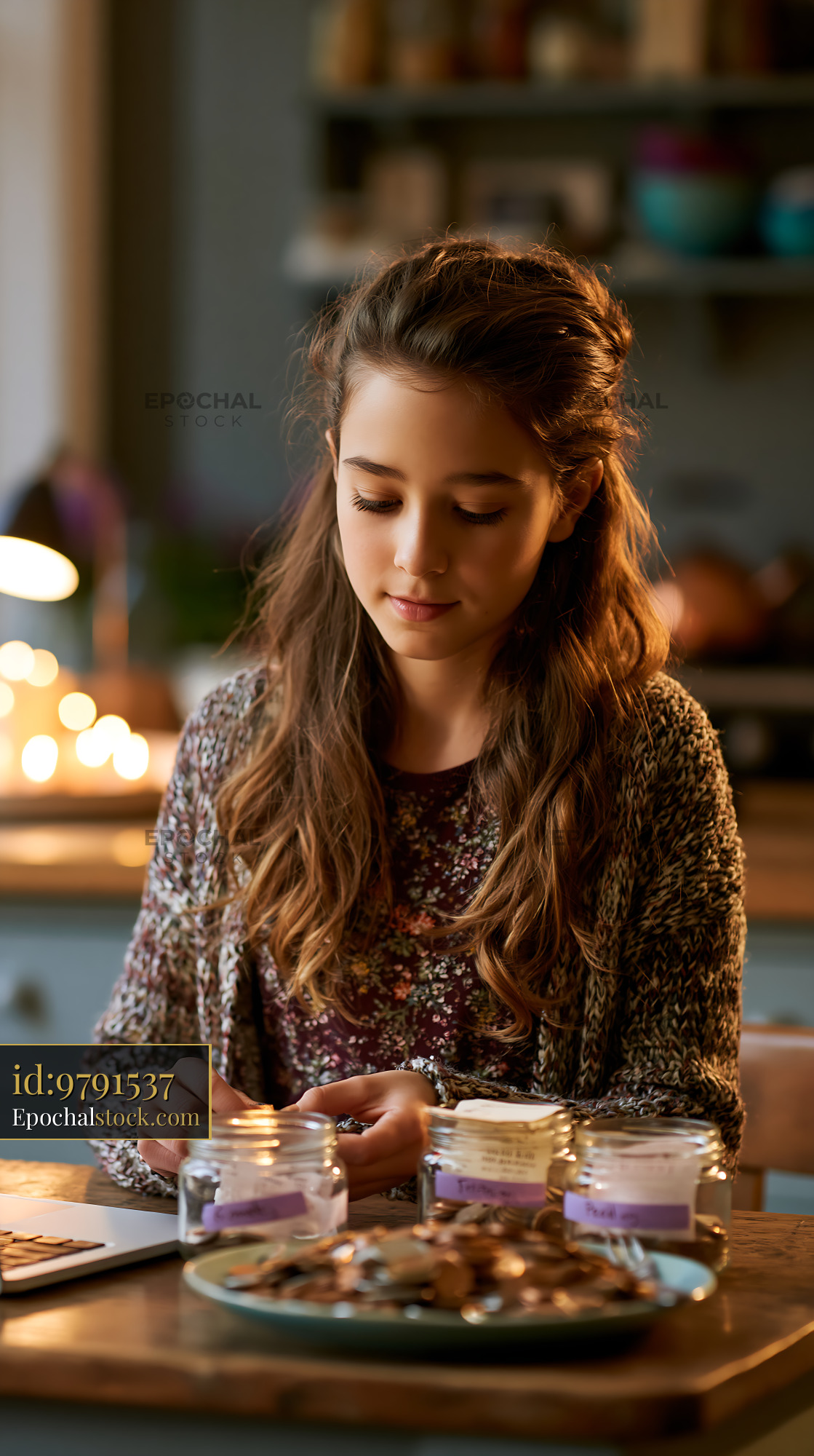Watermarked full-resolution preview of Young girl making candles at home in cozy kitchen setting