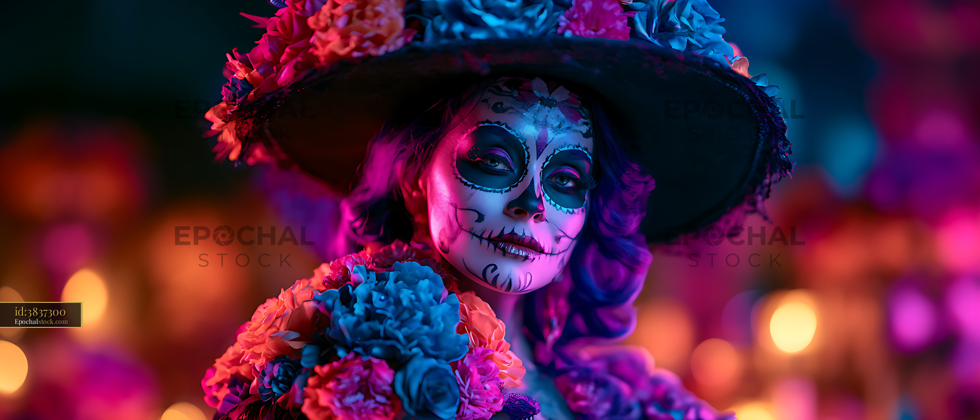 Watermarked full-resolution preview of Colorful woman in skull makeup with flowers and wide-brimmed hat
