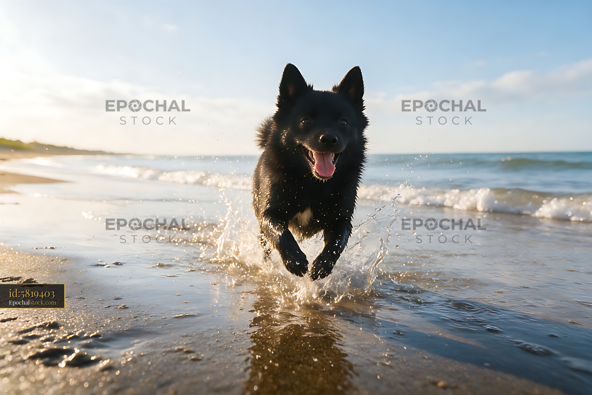 Watermarked full-resolution preview of Energetic black dog splashing through seawater