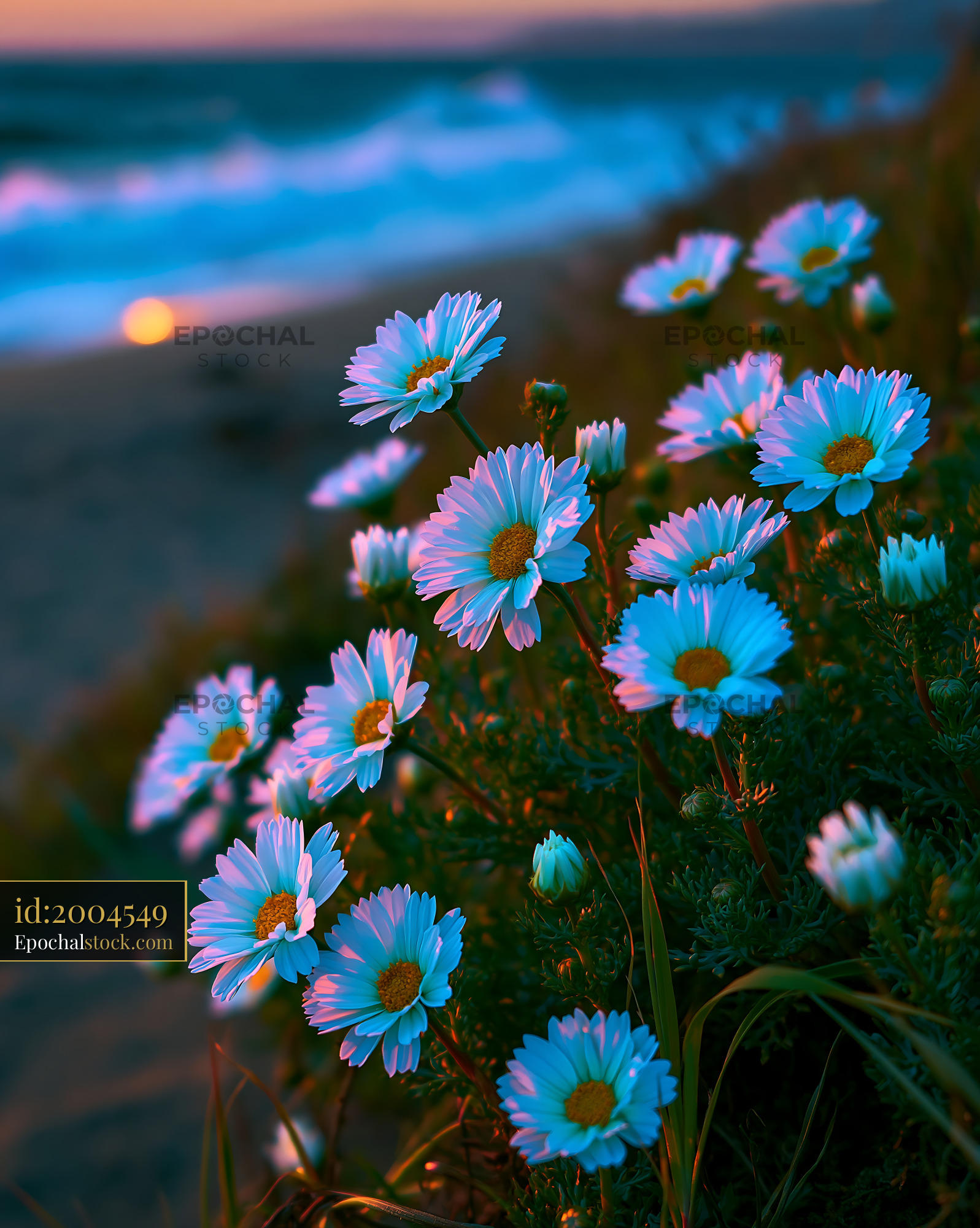 Daisies Bloom Along the Beach at Sunset With Ocean Waves - stock photo