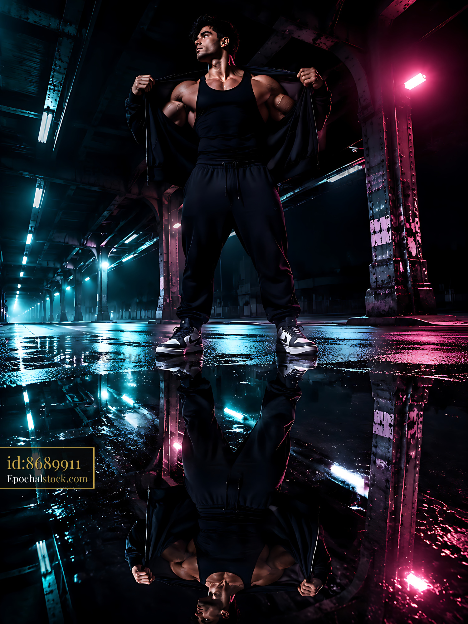 Watermarked full-resolution preview of Muscular man posing under neon lights in an industrial space