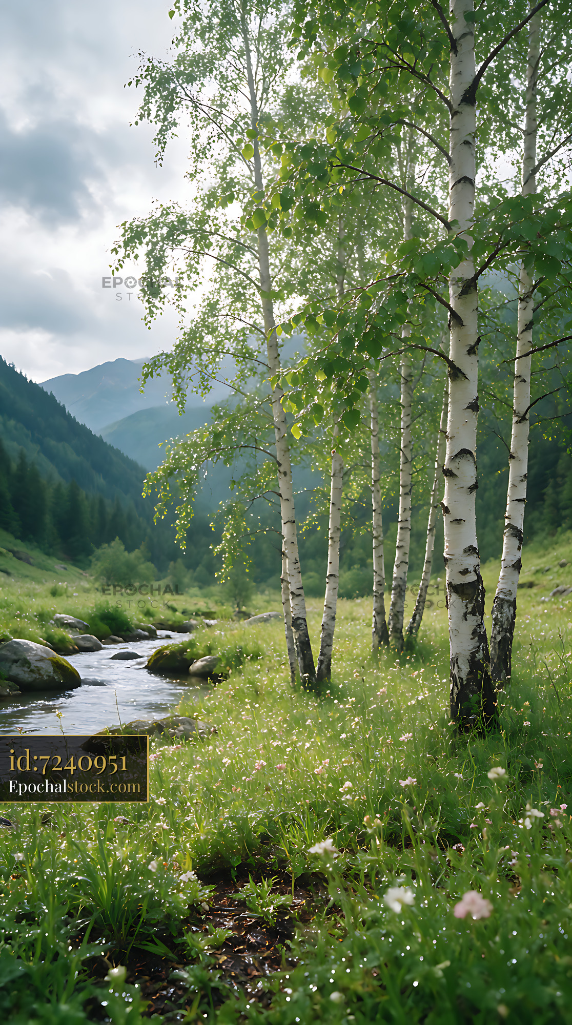 Watermarked full-resolution preview of Sunlit birch forest beside a mountain stream
