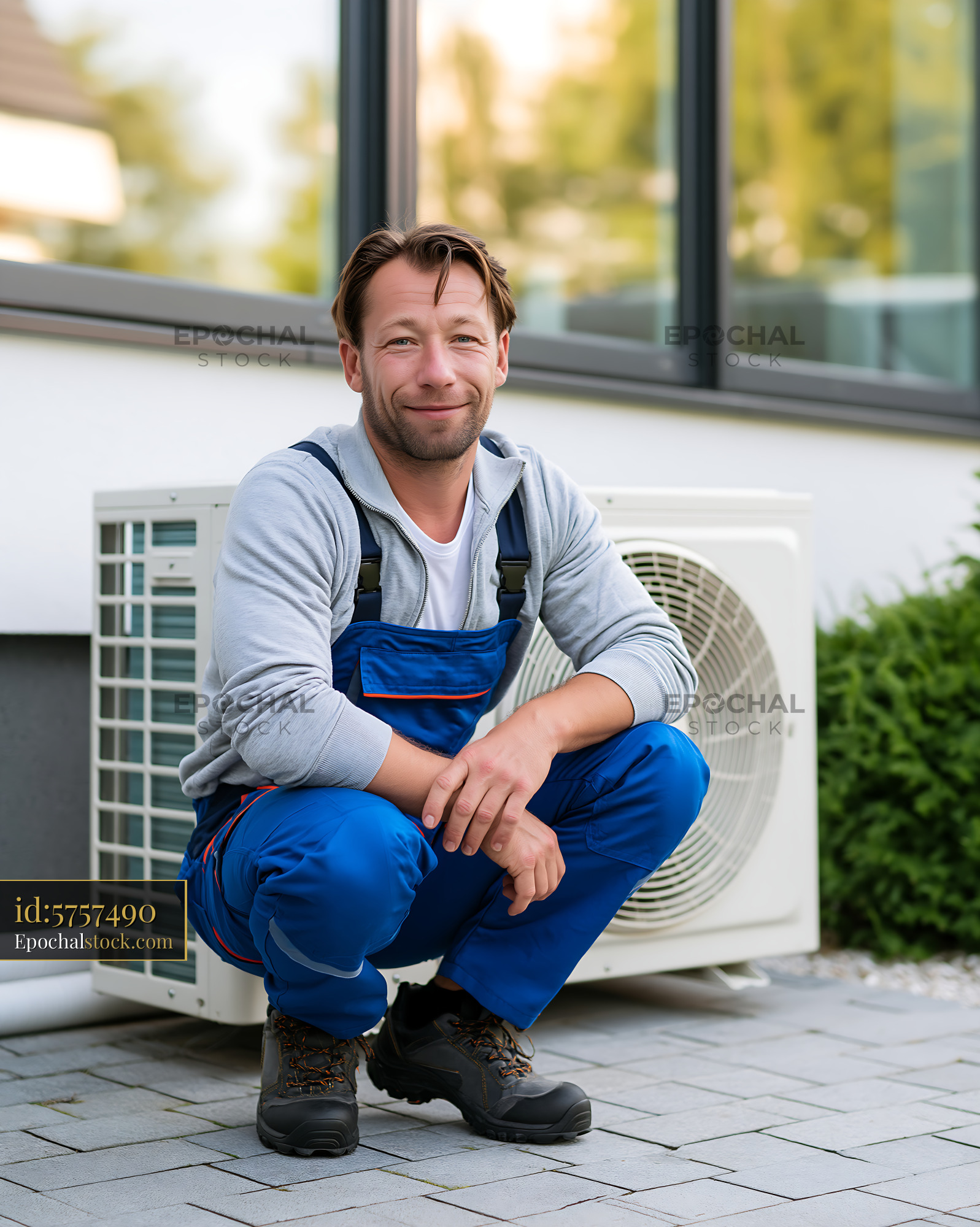Watermarked full-resolution preview of Man in work clothes kneeling near air conditioning unit outside home