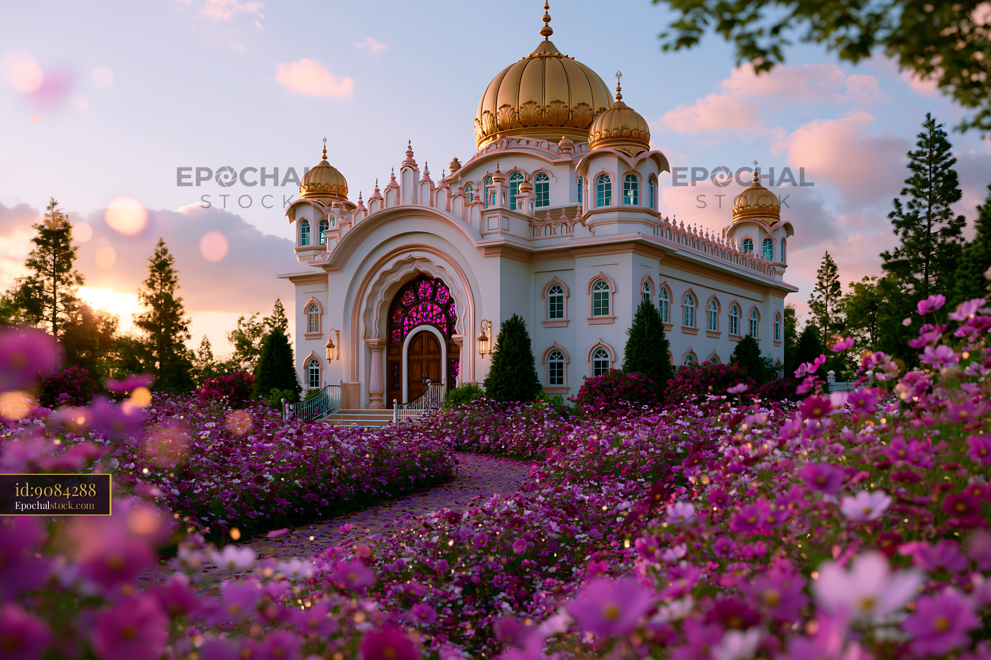 Watermarked full-resolution preview of Temple with golden dome surrounded by blooming flowers at sunset