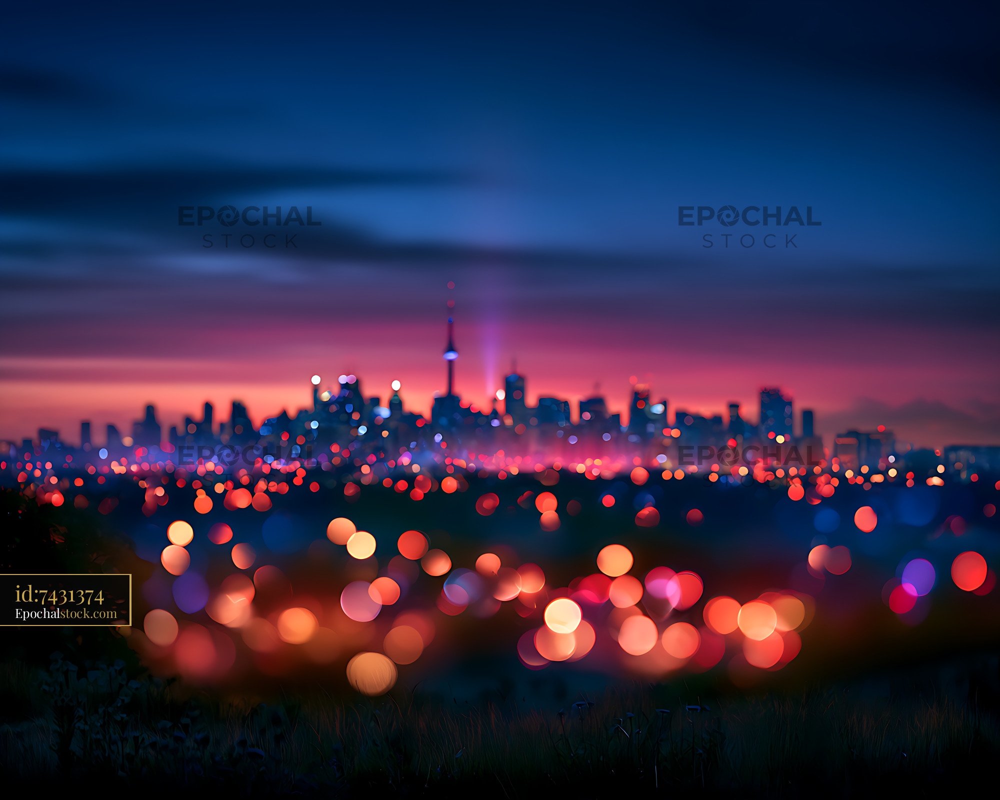 Watermarked full-resolution preview of Colorful bokeh lights and urban skyline at dusk