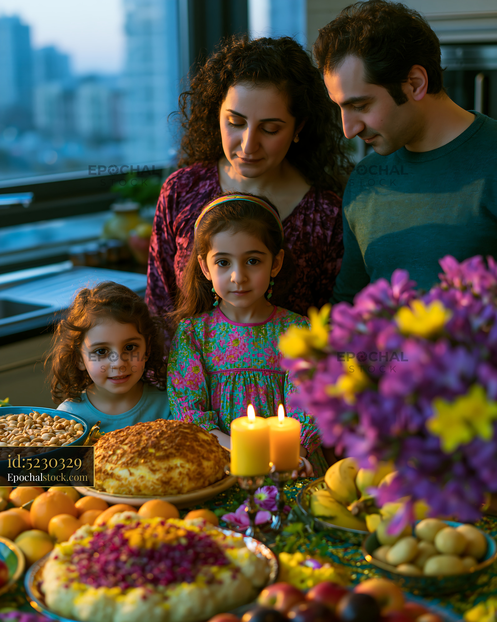 Watermarked full-resolution preview of Family gathering at a table with festive food and candles