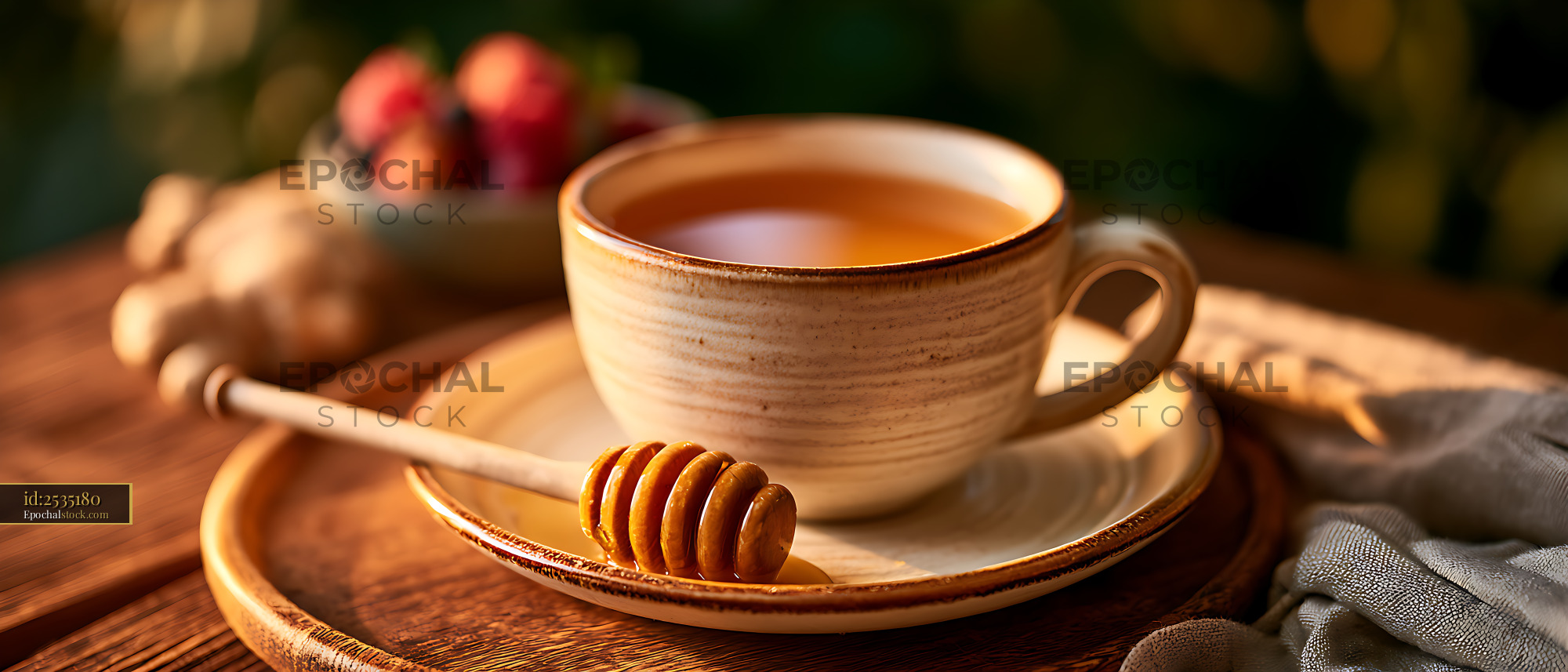 Watermarked full-resolution preview of Cozy tea still life with honey and ginger in warm light