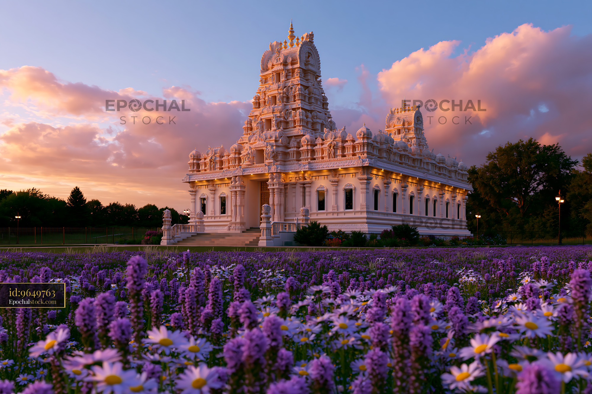 Watermarked full-resolution preview of Ornate temple and purple flowers beneath a colorful sunset sky
