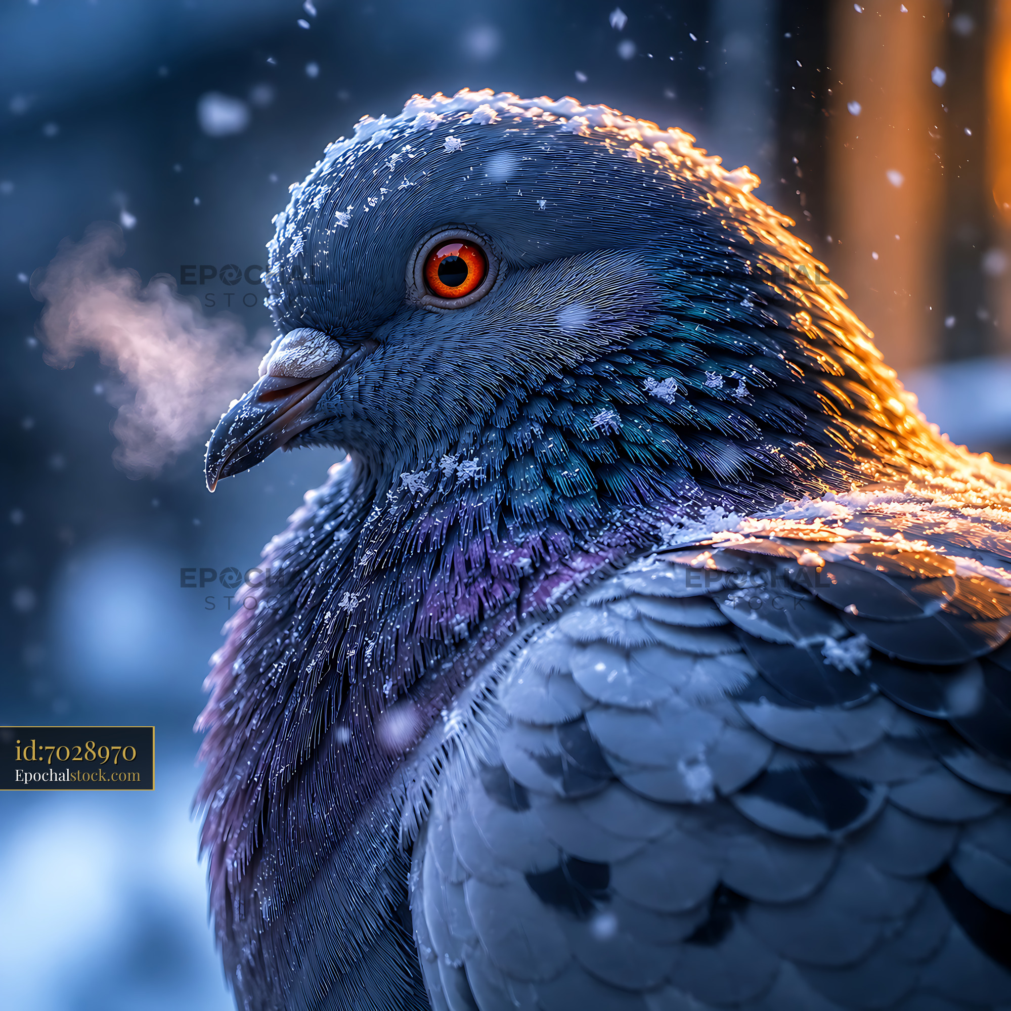 Watermarked full-resolution preview of Pigeon with frost on feathers in a snowy environment