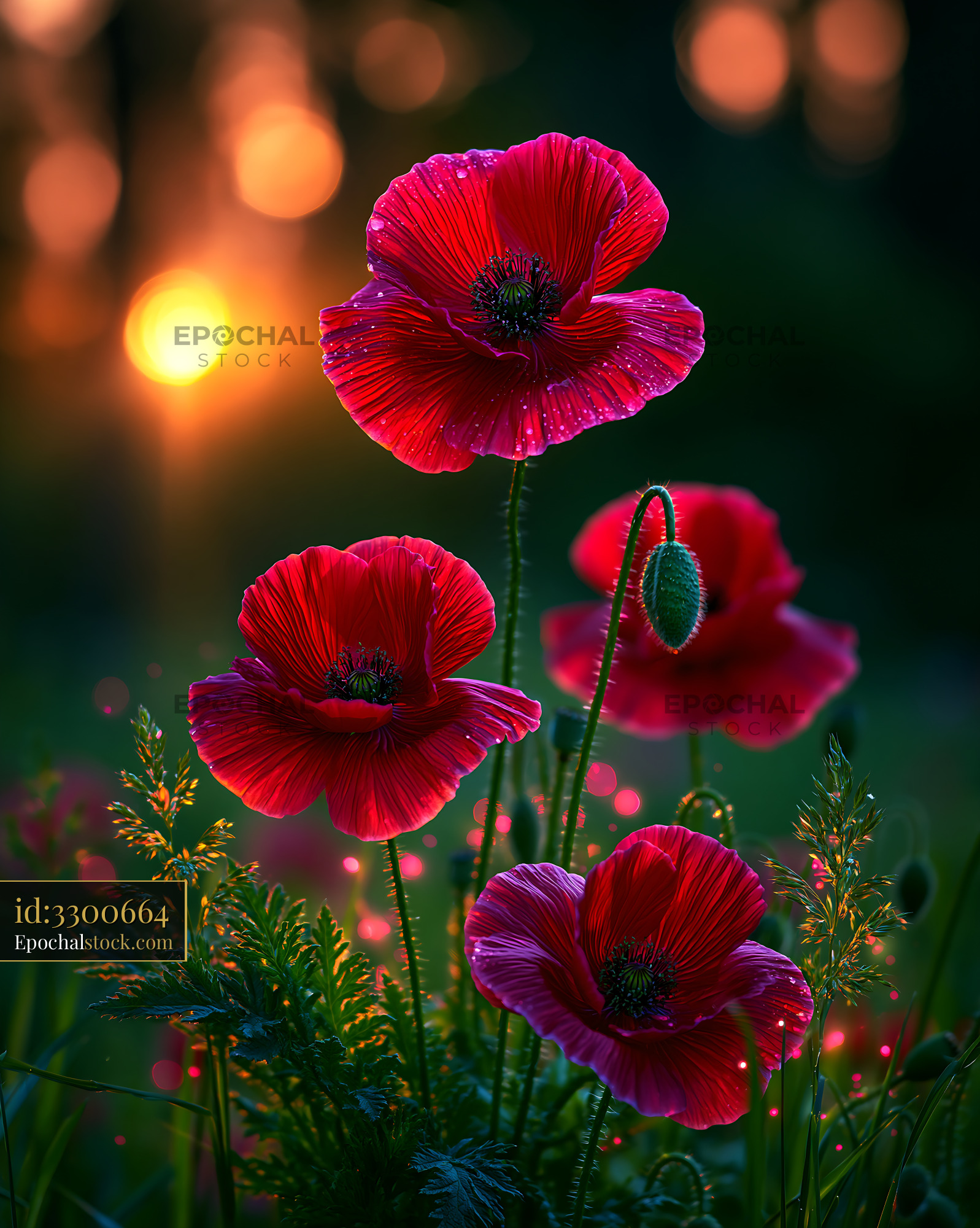 Watermarked full-resolution preview of Poppies with sunset in the background at a meadow