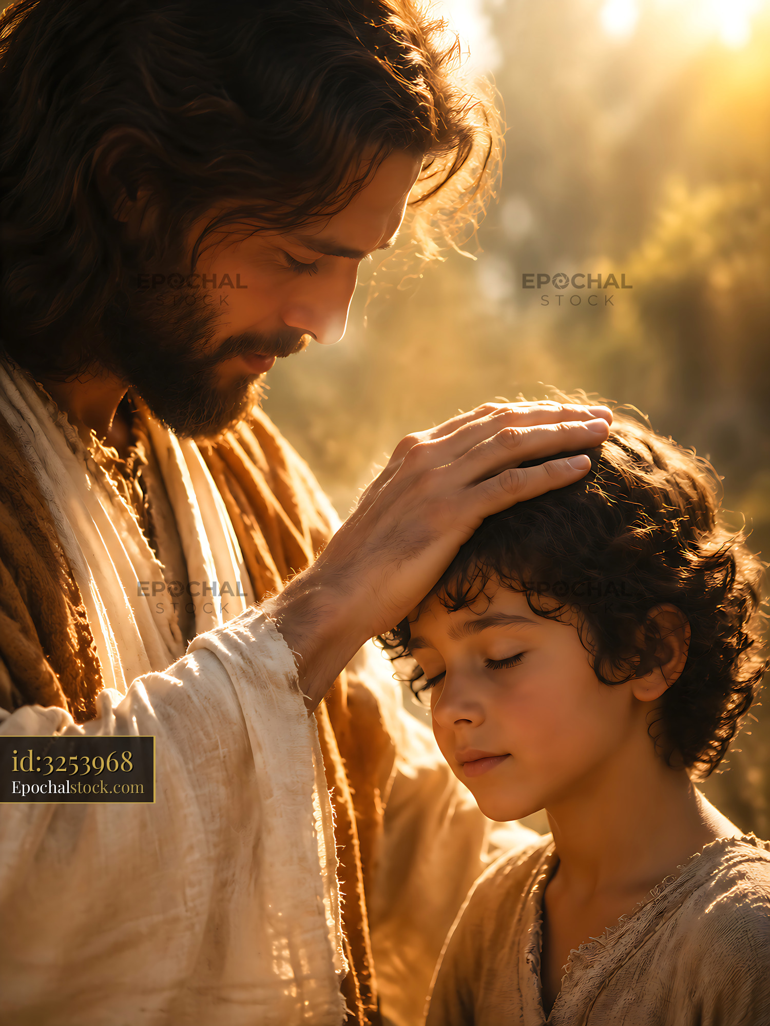 Watermarked full-resolution preview of Man interacts with a boy in a warm outdoor setting