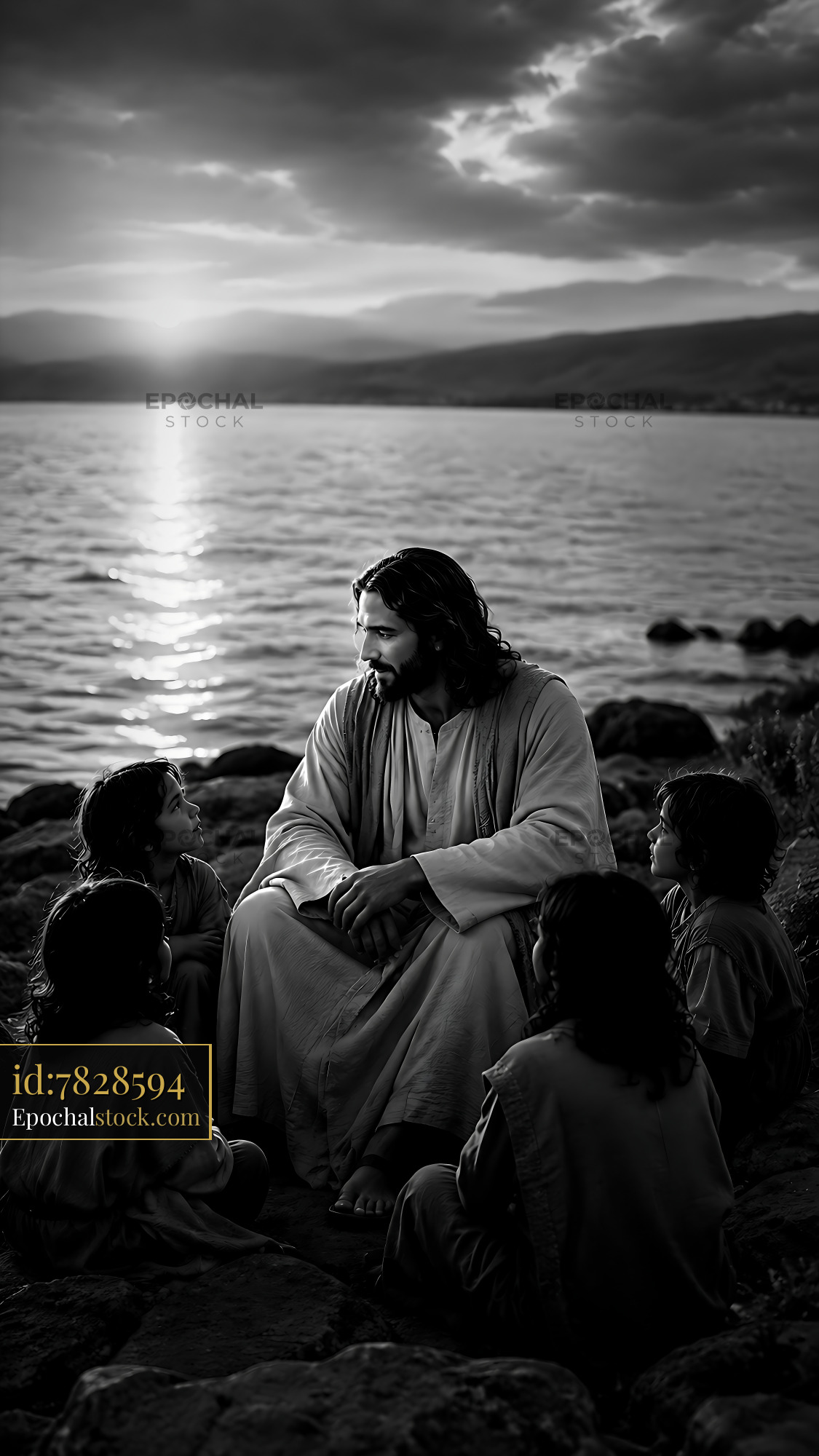 Jesus Teaches Children by the Water at Sunset - stock photo