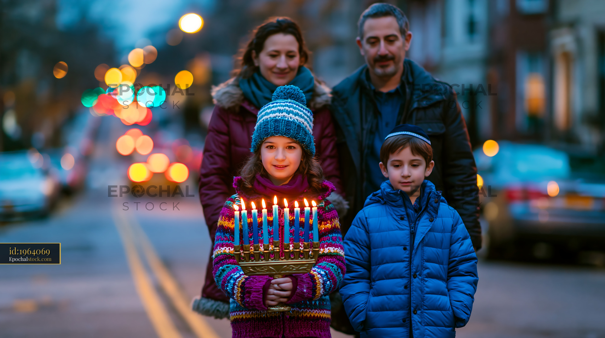 Watermarked full-resolution preview of Family celebrating Hanukkah with menorah on a city street