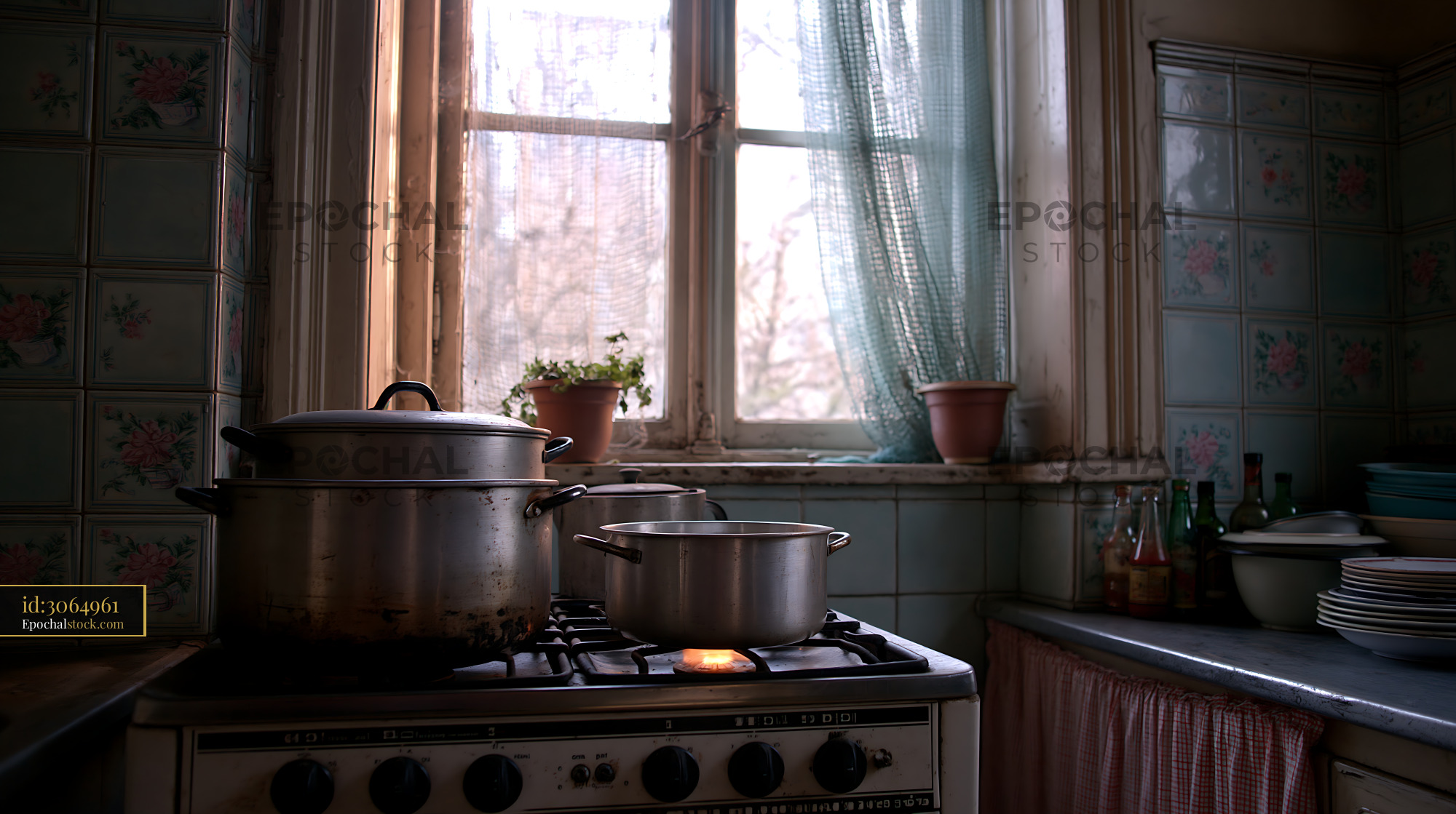 Neglected Kitchen With Greasy Tiled Walls and Pots on Stove - stock photo