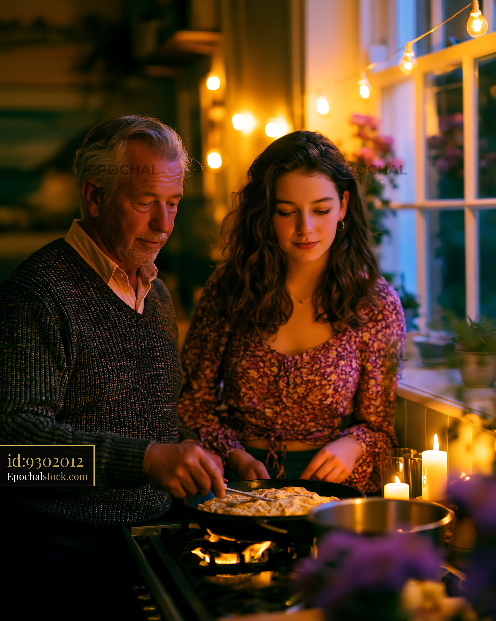 Watermarked full-resolution preview of Cooking together in a cozy kitchen at night