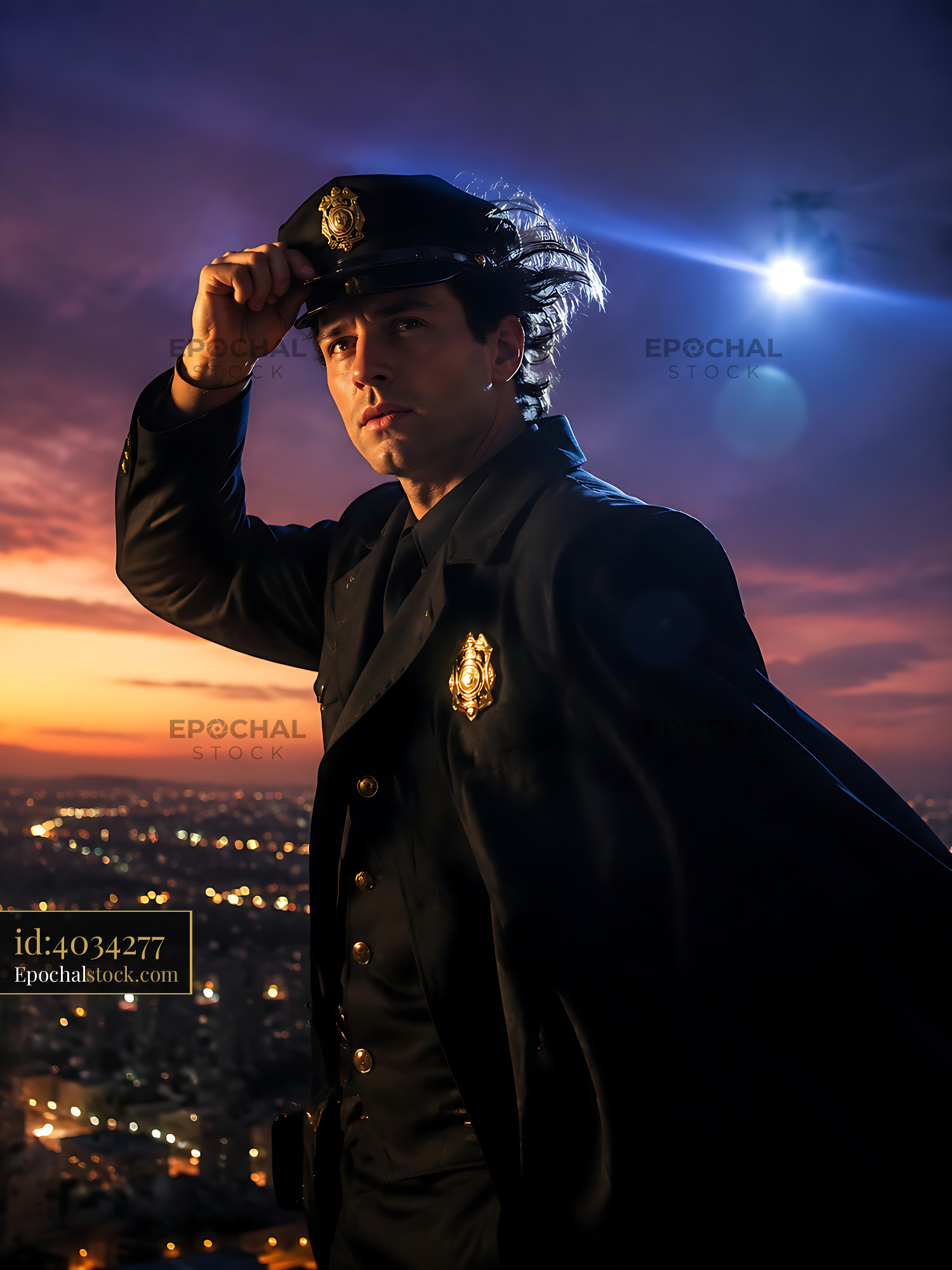 Officer Stands in City at Sunset With Flashlight in Hand - stock photo