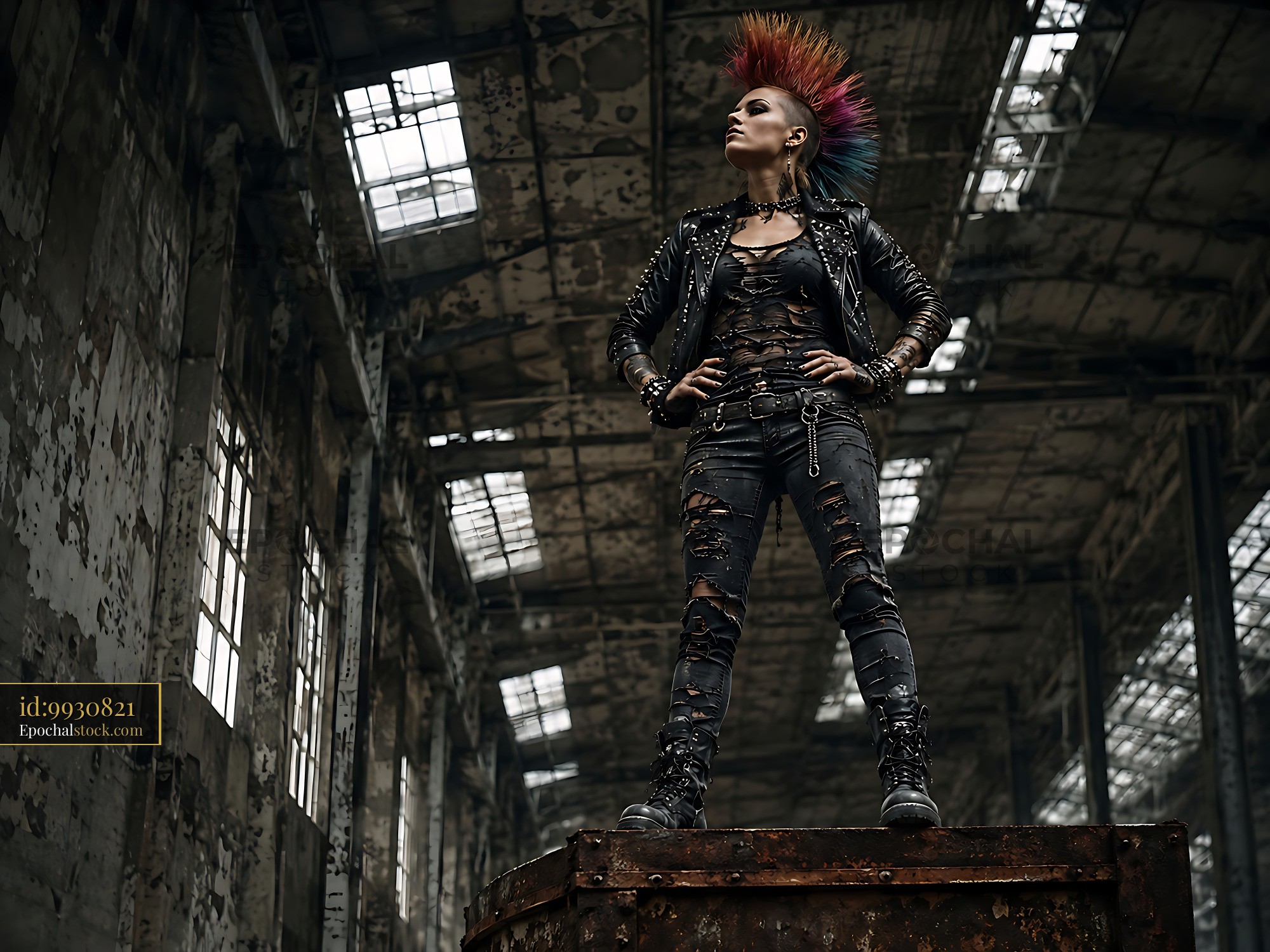 Watermarked full-resolution preview of Punk model poses in an abandoned industrial setting