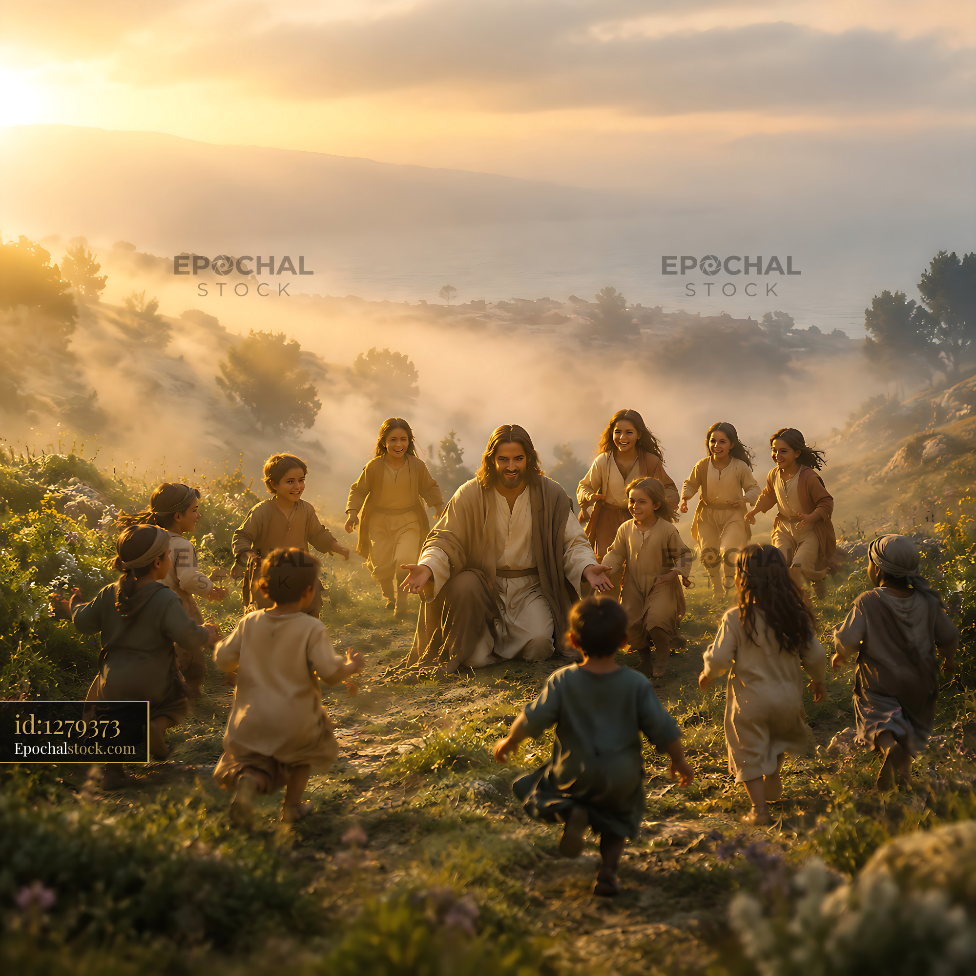 Jesus Among Children in a Field During Sunset - stock photo