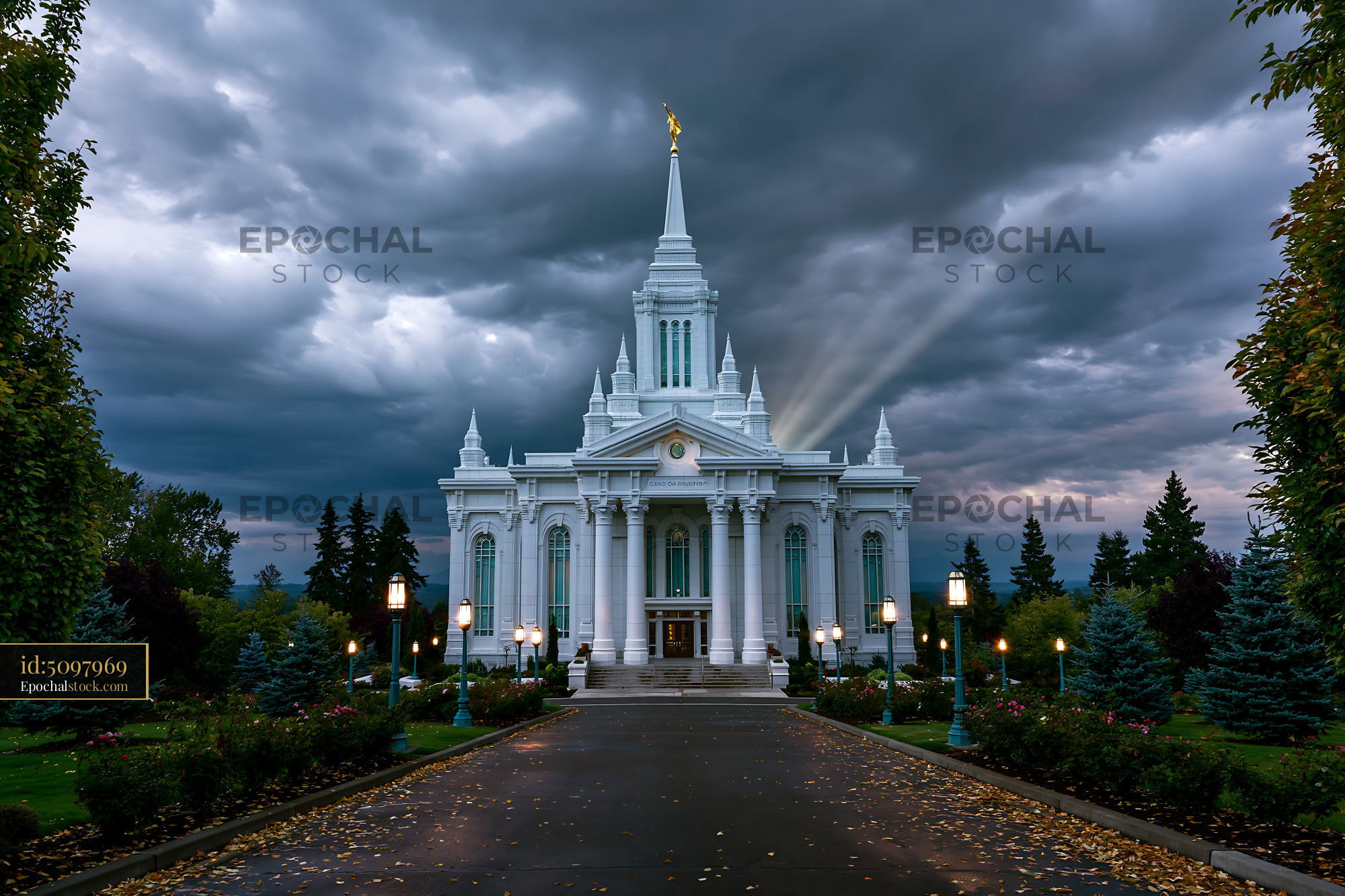 Watermarked full-resolution preview of White temple under dark clouds with trees and path