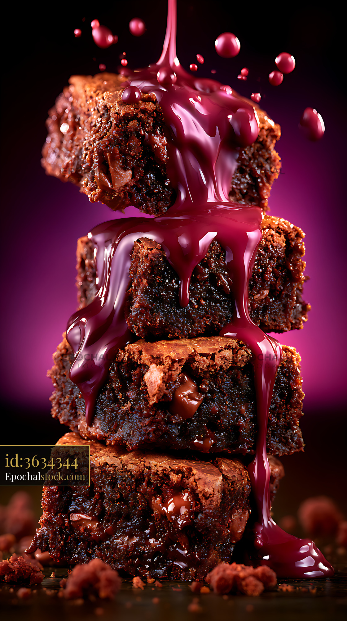 Watermarked full-resolution preview of Brownies stacked with chocolate sauce dripping on a purple background