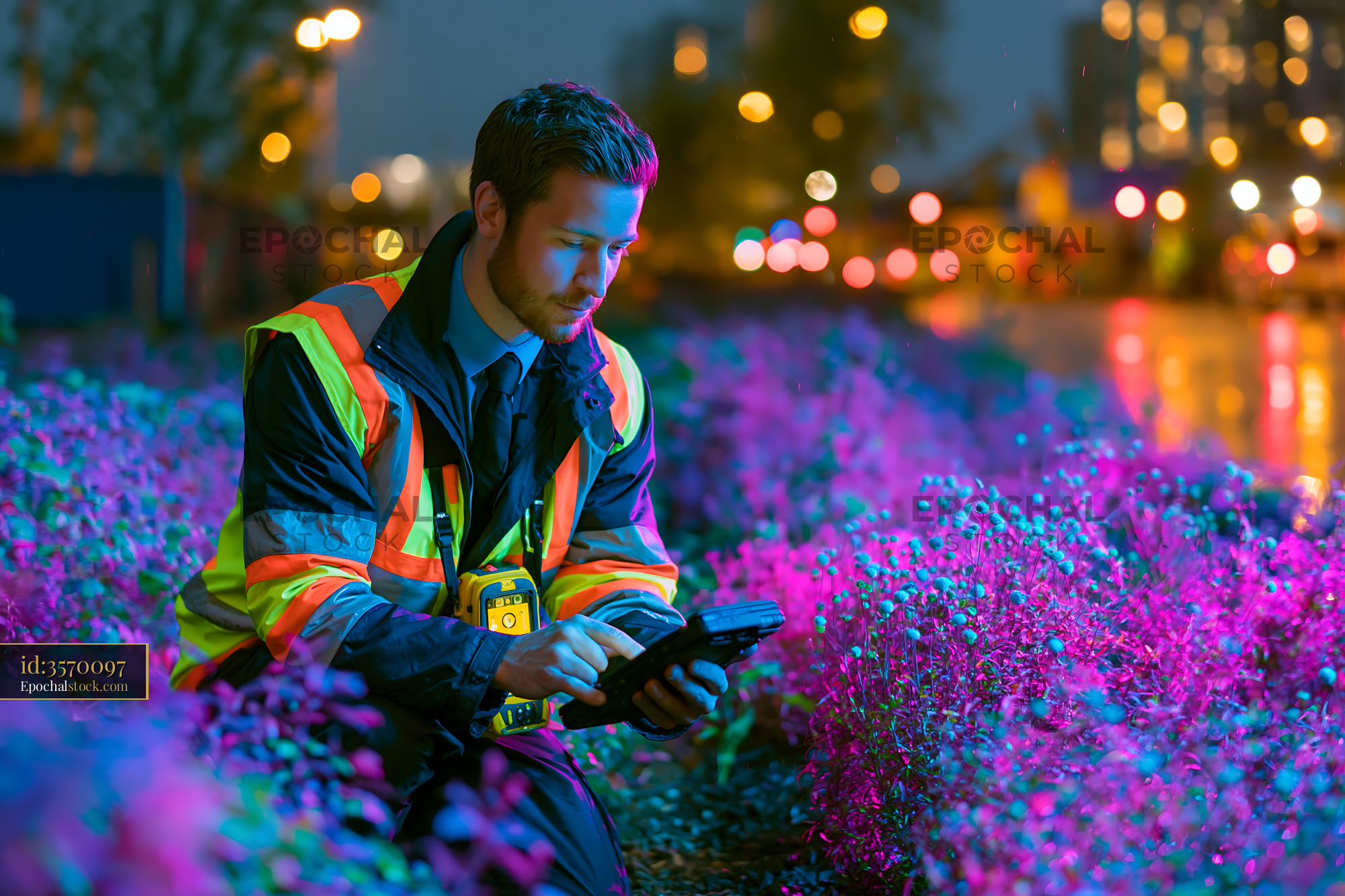 Watermarked full-resolution preview of Worker checks device near flowers at night in a city