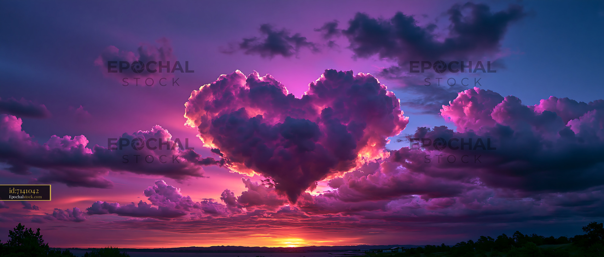 Watermarked full-resolution preview of Vivid cloudscape with glowing sunset and dark landscape