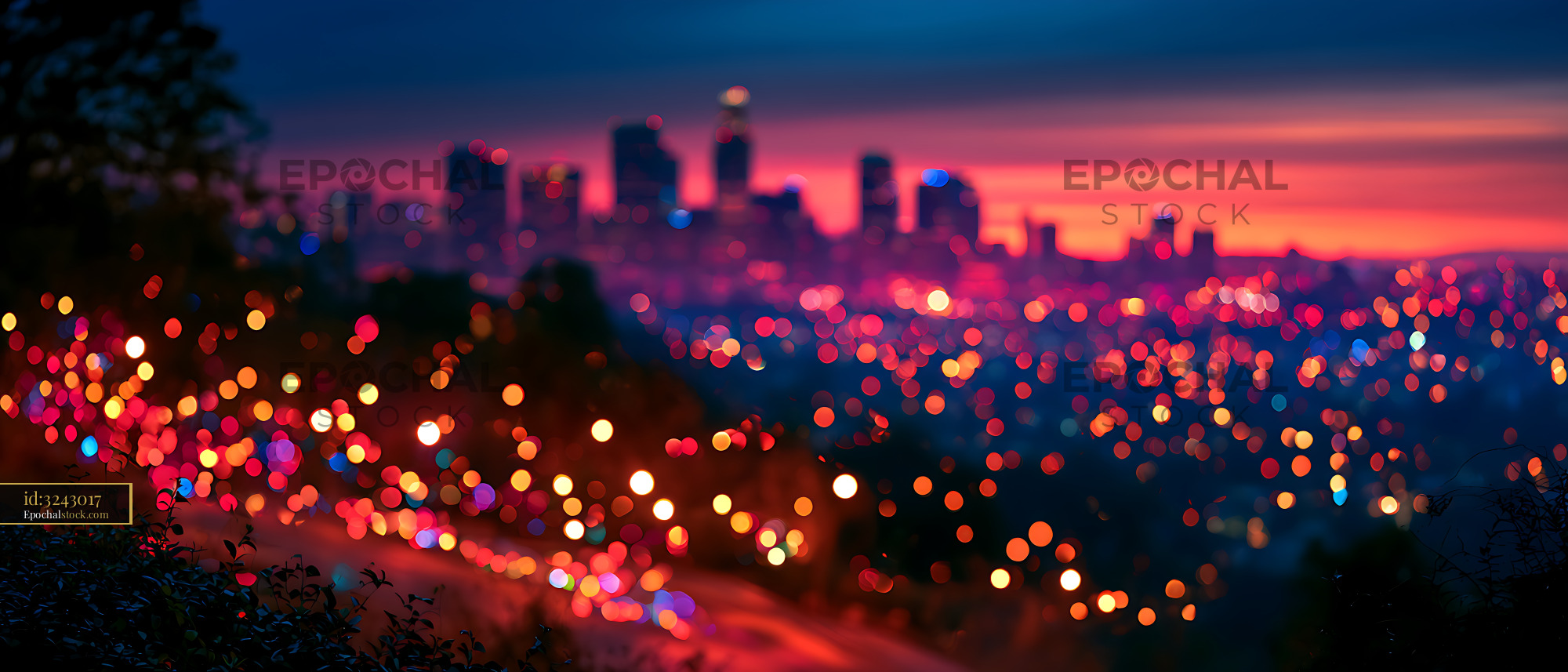Watermarked full-resolution preview of Colorful bokeh cityscape during twilight