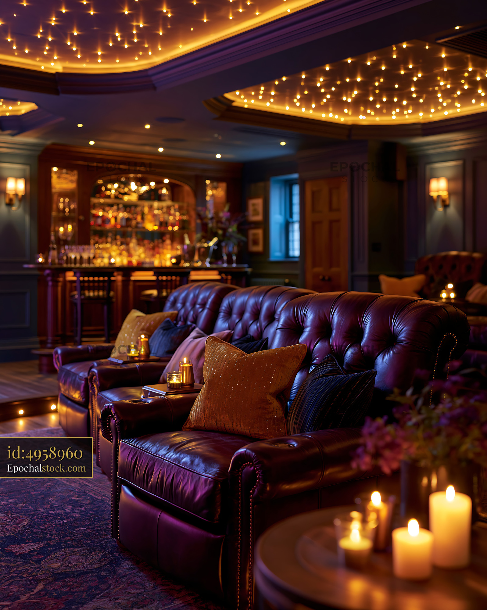 Watermarked full-resolution preview of Cozy lounge with leather seating and soft lighting in a bar
