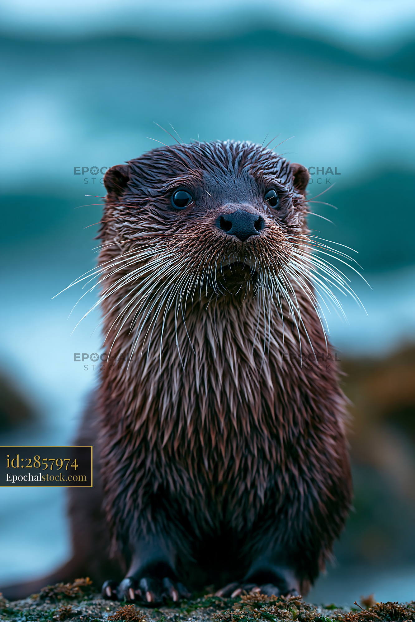 Watermarked full-resolution preview of Otter standing on rocks near the water