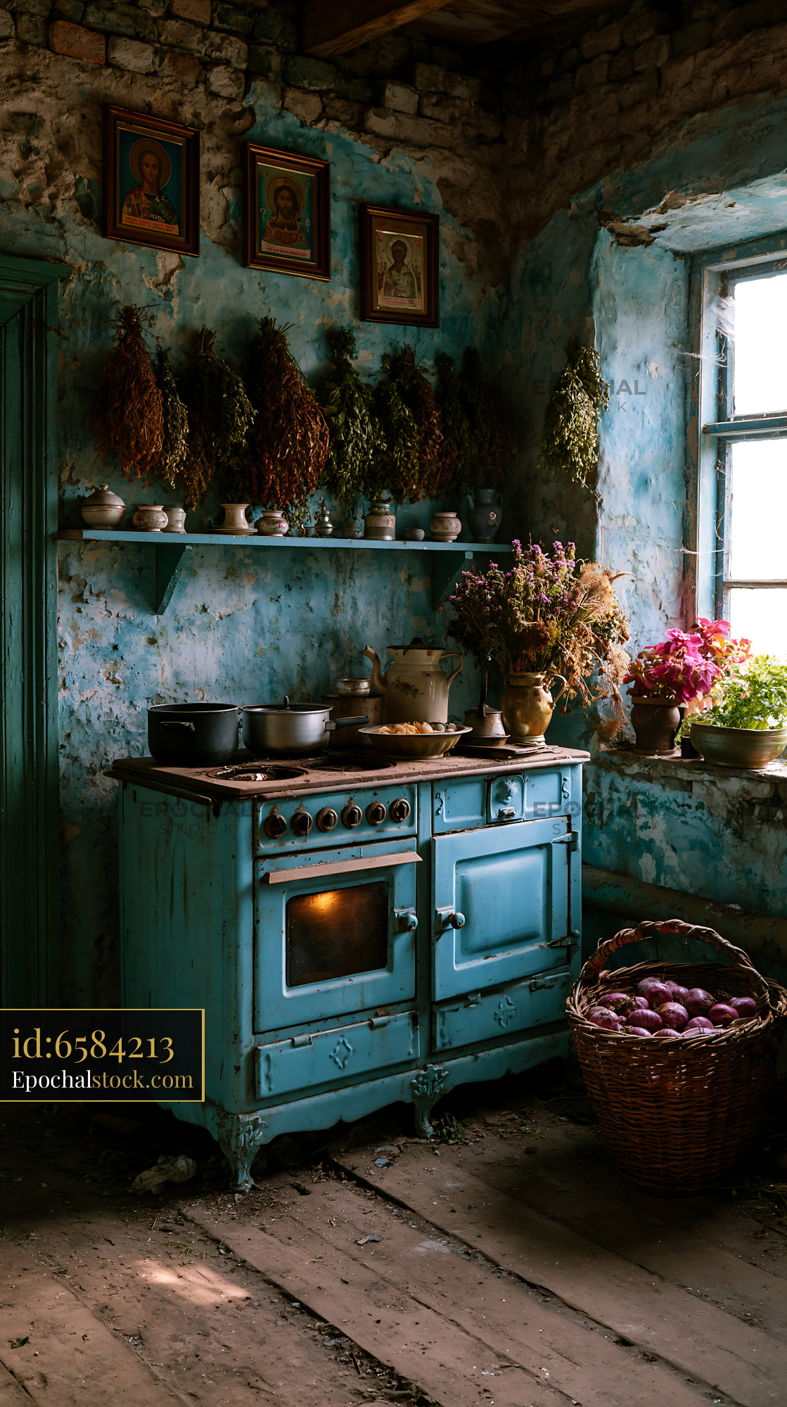 Watermarked full-resolution preview of Old kitchen interior with blue stove and plants on the shelf