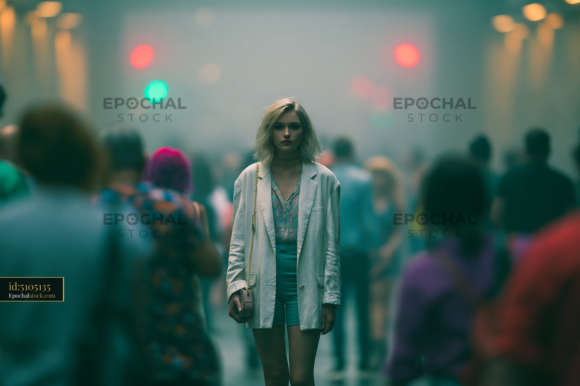Watermarked full-resolution preview of Woman stands alone in a crowded city street with dim lighting
