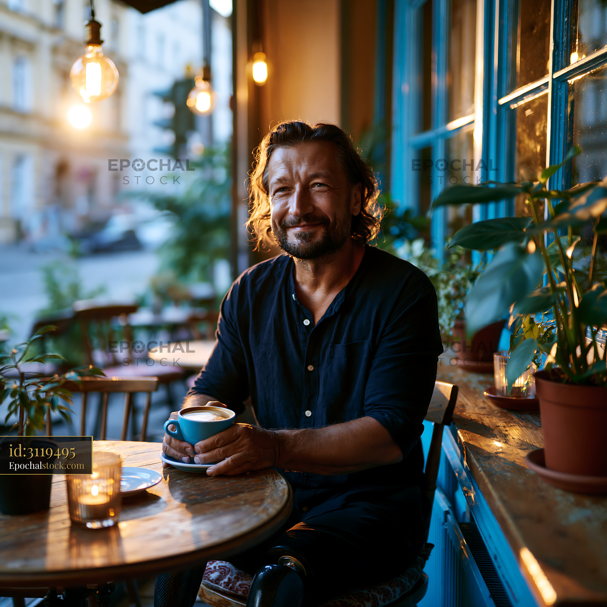 Watermarked full-resolution preview of Man enjoying coffee at a cafe with plants and warm lighting