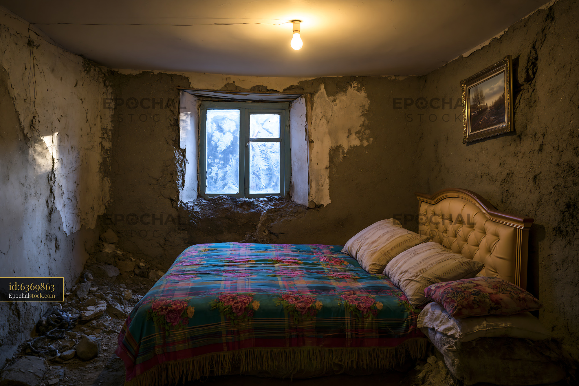 Watermarked full-resolution preview of Old bedroom with a simple bed and cracked walls